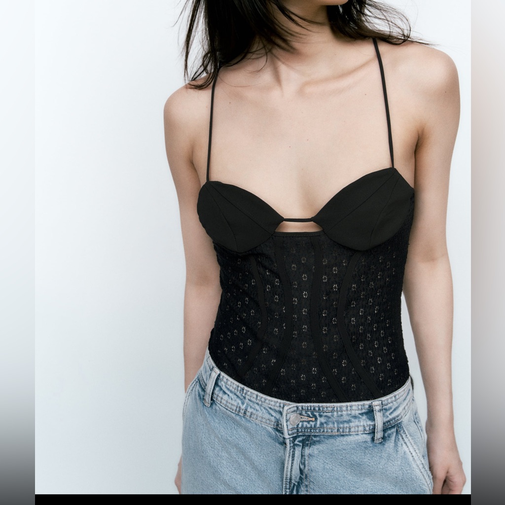 Zara Lace Bodysuit Corset Cut Out , Openwork Embroidery